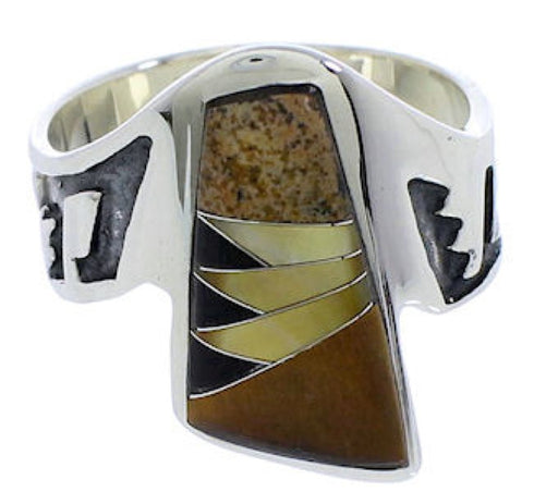 Tiger Eye And Multicolor Silver Ring Size 8-3/4 EX40958